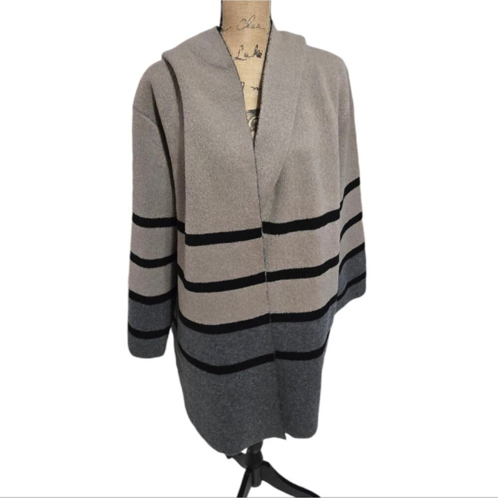 OLIVER O Neutral Hooded Striped Cozy Cardigan Coatigan Heavyweight Plus Size 2X